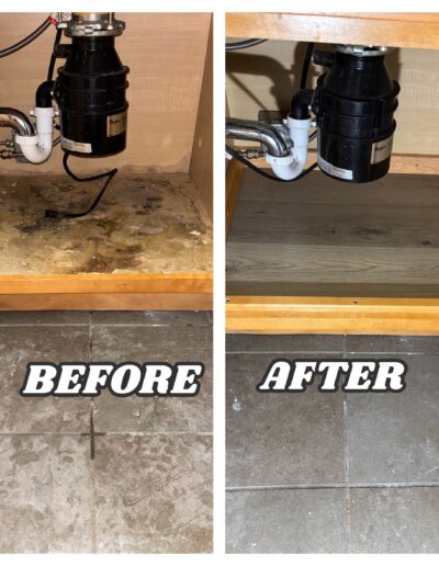 Kitchen sink cabinet bottom repair and replacement in Phoenixville and Skippack, PA – before and after handyman project