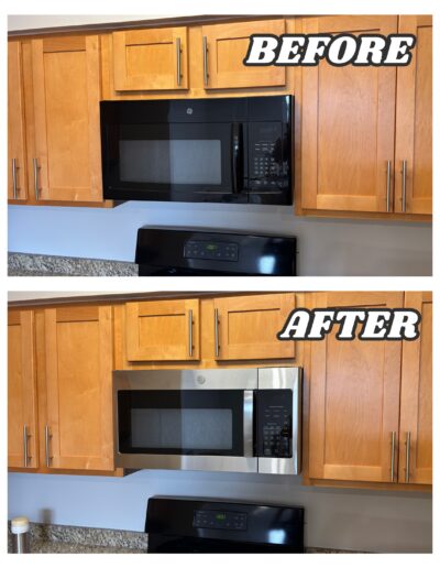 Over-the-range microwave replacement and installation in Audubon and Eagleville, PA – before and after handyman project
