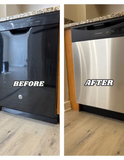 Before and after photo showing old black dishwasher replaced with new stainless steel Frigidaire model by Handyman Local Service in Abington and Jenkintown, Pennsylvania.