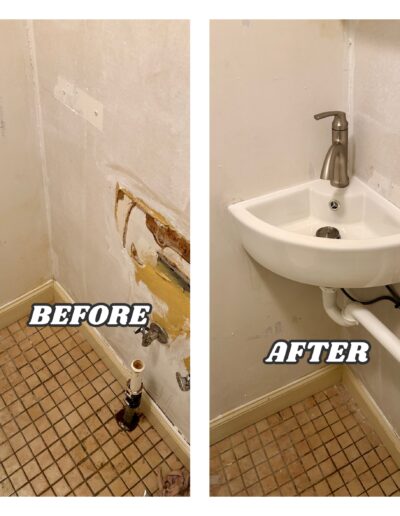 Corner sink installation before and after — small bathroom renovation in Richboro PA and Southampton PA with new wall-mount triangular sink and modern faucet.