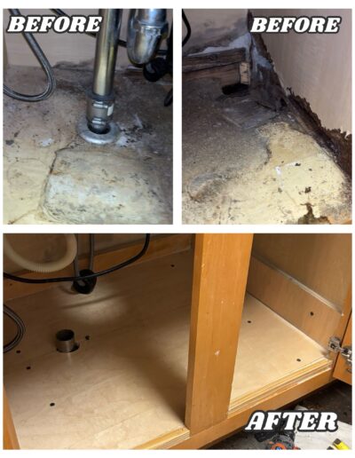 Kitchen sink cabinet bottom replacement in Elkins Park and Glenside, PA – before and after handyman project