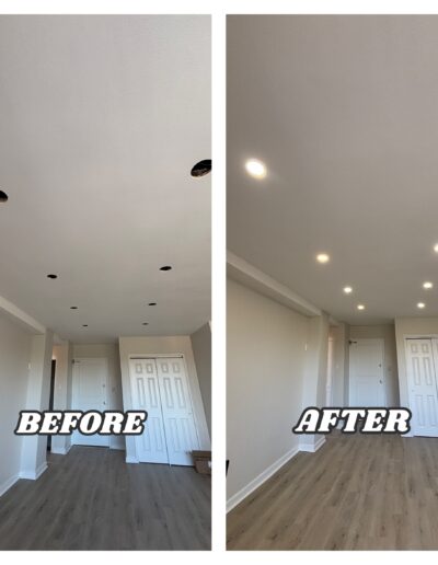 Recessed lighting installation before and after — ceiling renovation in Glenside PA and Abington PA with new LED can lights and modern clean finish.