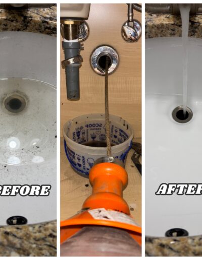 Before and after bathroom sink drain snaking — clogged sink cleared and water draining properly. Handyman Local Service, Abington, Blue Bell, Ambler PA.