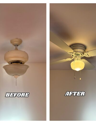 Before and after ceiling fan installation — old light replaced with modern ceiling fan and light combo. Handyman Local Service, Plymouth Meeting, Wayne PA.
