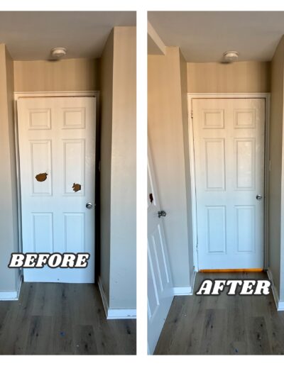 Old damaged interior door replaced with a new door slab in Elkins Park, PA.