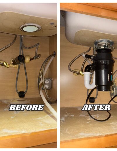 Garbage disposal installation before and after – new disposal unit installed under the kitchen sink in Warrington and Warminster, PA.