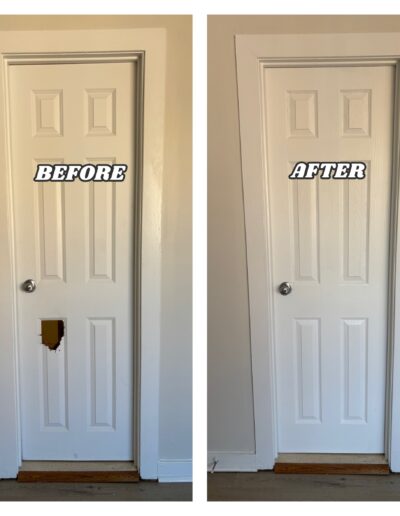 Interior door replacement before and after – damaged door replaced with a new white door in Blue Bell and West Norriton, PA.