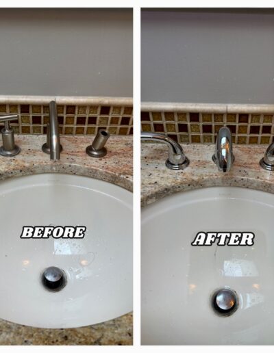 Before and after bathroom faucet installation in Horsham, PA: upgrading an old satin nickel faucet to a new polished chrome model.
