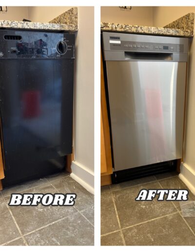 Before and after dishwasher installation in Ambler: replacing an old black GE dishwasher with a new stainless steel Frigidaire model.
