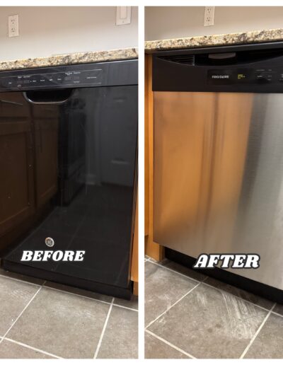 Before and after dishwasher installation in Fort Washington: replacing a black GE model with a new stainless steel Frigidaire dishwasher.