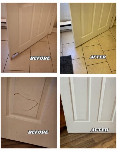 Before and after interior door slab repair in Hatboro, PA. Fixing wood cracks and chipped corners for a flawless white finish.