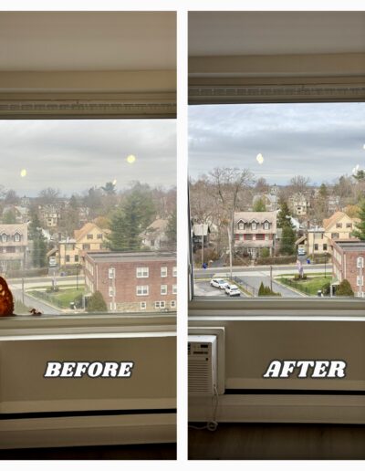 Before and after insulated glass unit replacement in Huntingdon Valley; the old glass unit was removed and a new clear double-pane unit was installed while keeping the original window frame.
