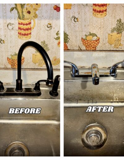 Before and after of a kitchen faucet replacement in Warminster. Left: old black gooseneck faucet. Right: New chrome faucet installation with side sprayer.