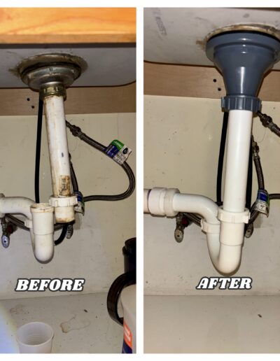 Before and after kitchen sink drain and P-trap replacement in Phoenixville, PA. Showing old leaking pipes vs new clean plumbing installation.