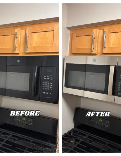 Before and after GE microwave refinishing in Horsham, PA: transforming a black unit to a modern stainless steel finish.
