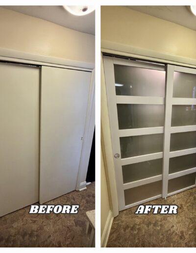 Before and after sliding closet door replacement in Phoenixville, showing installation of new frosted-glass sliding doors trimmed to the correct height for a precise fit.