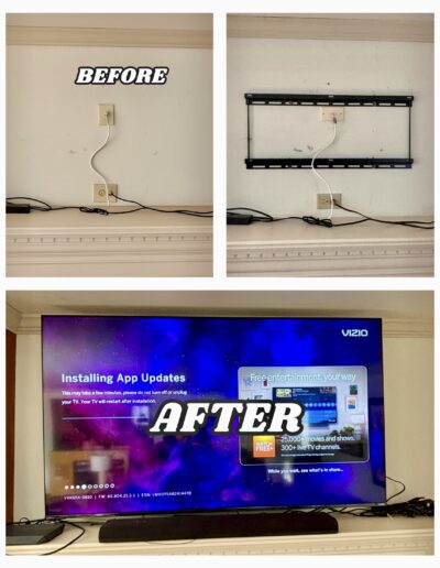 TV installation above a fireplace on a wall mount, before and after, with cables organized — Lansdale, PA