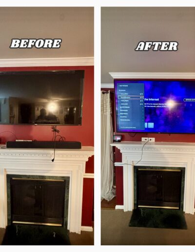 Professional TV mounting above a white fireplace mantel in West Norriton, PA. Before and after view on a red wall.
