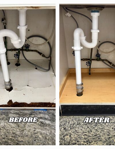Before and after under-sink repair in Conshohocken showing replacement of a damaged cabinet bottom and installation of a new plywood base with existing plumbing reinstalled.