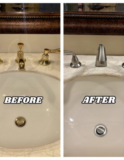 Before and after bathroom faucet replacement in Warminster, PA. Upgrading a polished brass faucet to a modern brushed nickel model.