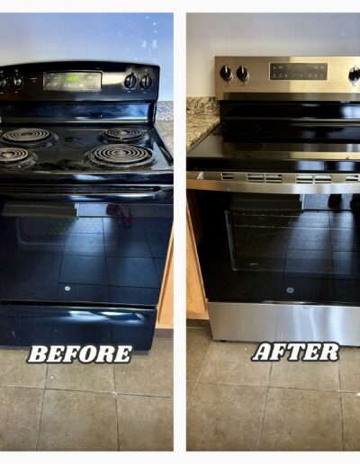 Before and after electric stove installation in Hatboro, PA. Replacing an old black coil-top range with a new stainless steel GE smooth-top electric stove.