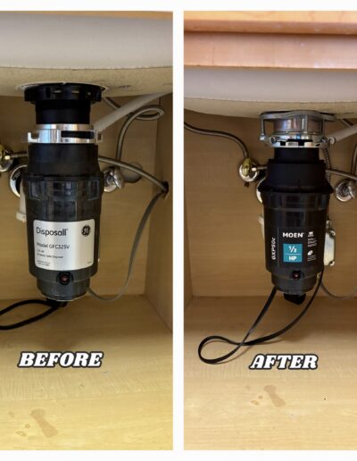 Professional installation of a Moen garbage disposal under a kitchen sink in Warminster, PA.