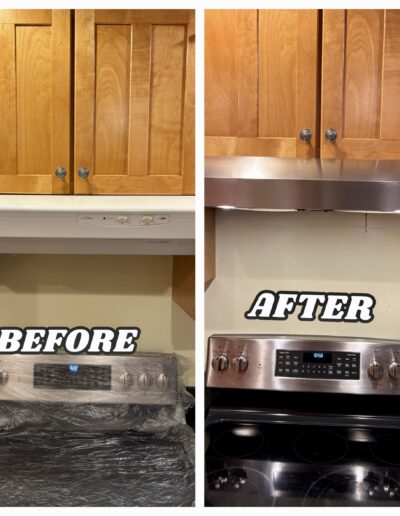 Before and after range hood installation in Horsham, PA. Replacing an old white under-cabinet hood with a new stainless steel model.