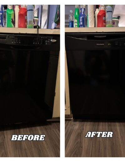 Before and after photos of an old black dishwasher being replaced with a modern black Frigidaire model in a Norristown kitchen.
