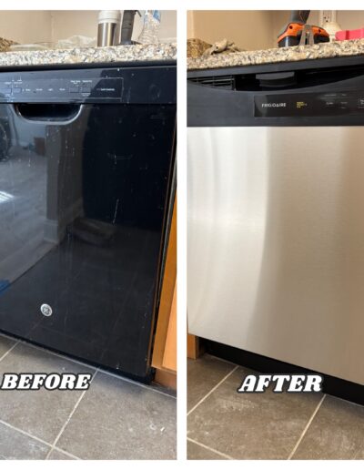 Before and after comparison of an old black dishwasher being replaced with a modern stainless steel Frigidaire model in Willow Grove.