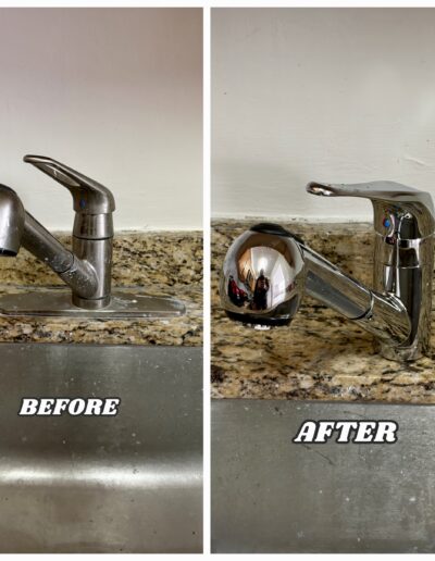 Before and after comparison of a worn, mineral-stained kitchen faucet being replaced with a high-shine polished chrome pull-down faucet in Huntingdon Valley.