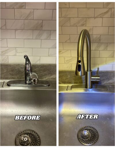 Before and after comparison of an old, low-profile chrome faucet being replaced with a modern brushed nickel high-arc pull-down faucet in Warminster.