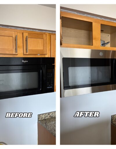 Before and after of an old black Whirlpool microwave being replaced by a modern stainless steel GE profile microwave in a Horsham kitchen.