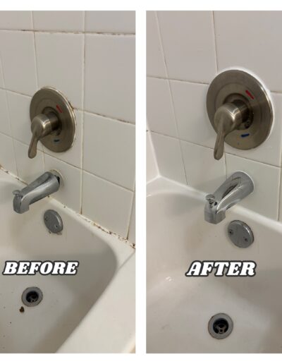 Before and after of a bathtub spout replacement and fresh white recaulking in a Dresher bathroom.