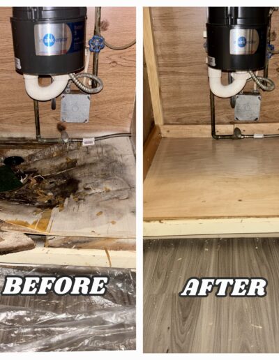 Before and after comparison of a water-damaged kitchen cabinet floor being replaced with a new, clean wood base in Lansdale.