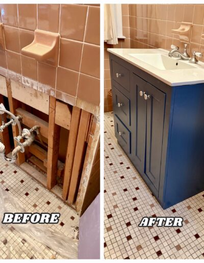 Before and after bathroom vanity installation including drywall repair and plumbing in North Wales PA.