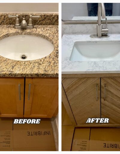 Before and after of a bathroom vanity and sink replacement in Warrington, PA, showing a modern marble-style countertop and new silver faucet.