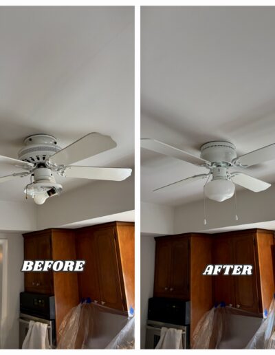 Before and after of a ceiling fan repair in Warminster, PA, showing the replacement of a broken light bulb with a new glass globe light fixture.
