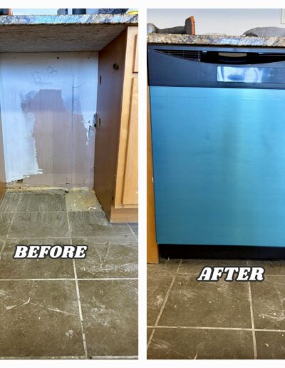 Before and after of a new Frigidaire dishwasher installation under a kitchen counter in Elkins Park, PA.