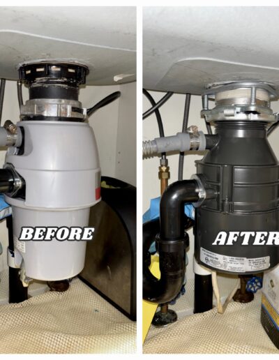 Before and after of a professional garbage disposal replacement and plumbing hookup in Warminster, PA.