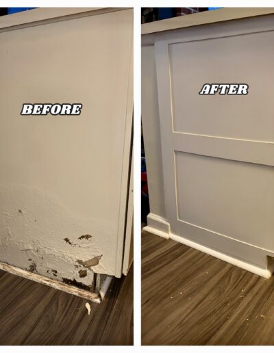 Before and after of a damaged kitchen cabinet side panel replaced with a new finished decorative panel in Lansdale.