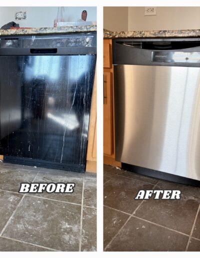 Before and after of an old black dishwasher replaced with a new stainless steel Frigidaire model in North Wales.