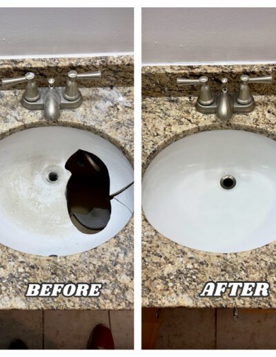 Before and after of a cracked undermount bathroom sink replacement in Collegeville PA.