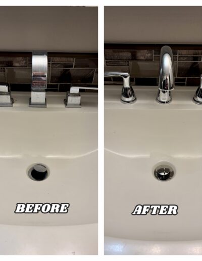 Before and after photos showing an outdated widespread bathroom faucet being replaced by a modern polished chrome fixture on a granite countertop.
