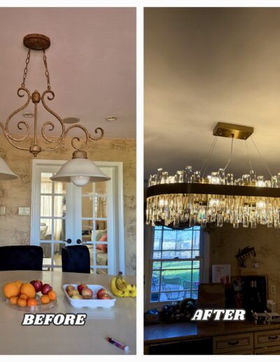 Professional installation of a modern gold and crystal linear chandelier in King of Prussia PA