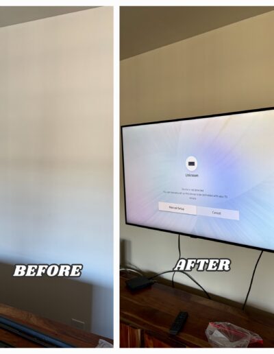 Before and after showing a fireplace mantel with cluttered wires, then a Vizio Smart TV securely wall-mounted above it.