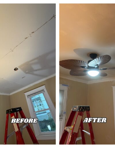 Ceiling drywall repair, spackling, painting, and tropical ceiling fan installation in Eagleville, PA.