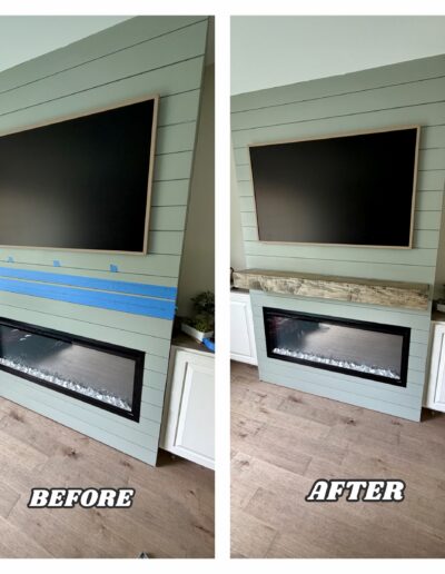 Custom rustic wood floating mantel installed on a sage green shiplap fireplace wall in Trooper, PA.