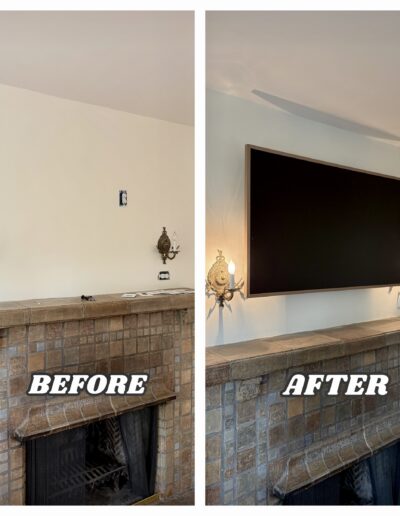 TV wall mounting over a shiplap fireplace with custom wood mantel in Elkins Park.