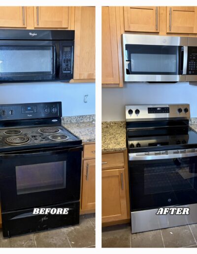 Before and after of an electric range and over-the-range microwave replacement in Audubon, PA.