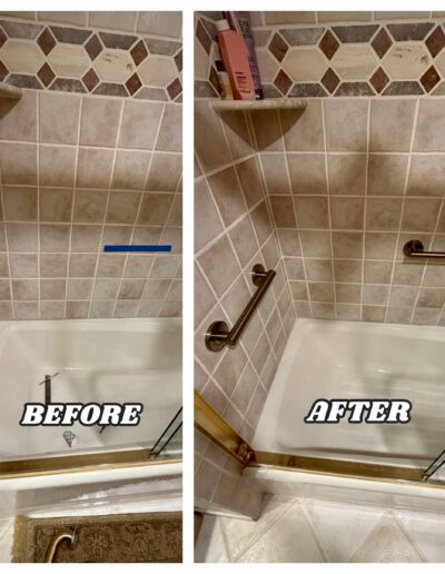 Before and after photo of bronze safety grab bars installed on a tiled bathroom wall near the tub.